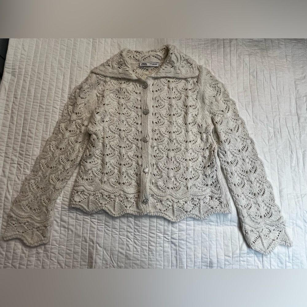 Zara Macrame Knit Cardigan Crochet Lady Jacket Cardigan Ecru cream nwot - Picture 4 of 10